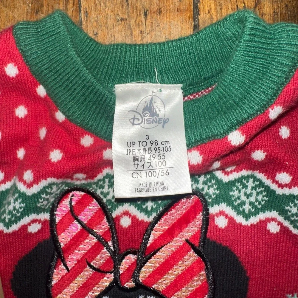 Disney Minnie Mouse Christmas Sweater Girls Size 3 Red Knit Ribbed Hem Crew Neck